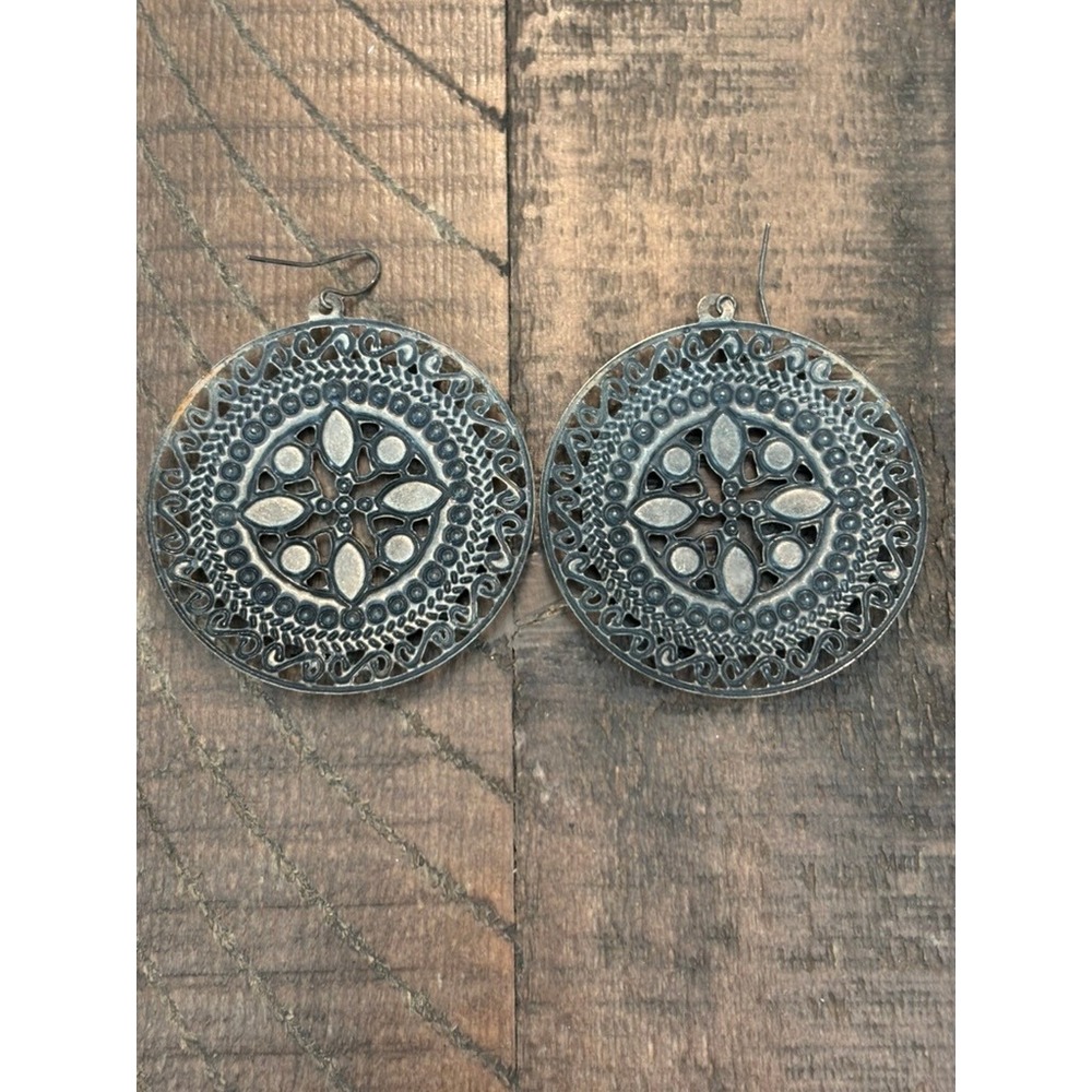 Bohemian Drop Earrings Womens OS Blue Silver Hippie Filigree Medallion Festival